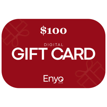 A red $100 digital gift card with white text reading 'DIGITAL GIFT CARD', '$100', and the Enyo Wear logo, shown on a white background.