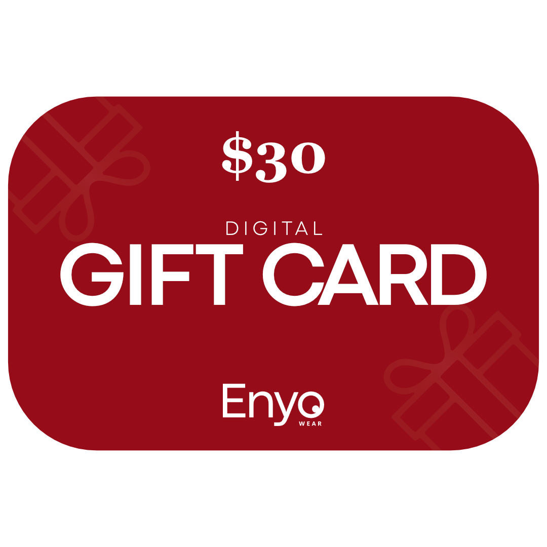 A red digital gift card displaying a $30 value with minimalist white text and subtle gift box icons, labeled Digital Gift Card.