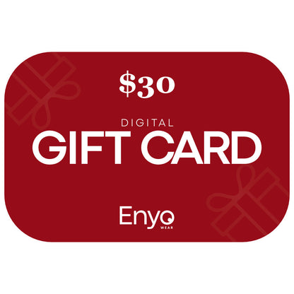 A red digital gift card displaying a $30 value with minimalist white text and subtle gift box icons, labeled Digital Gift Card.