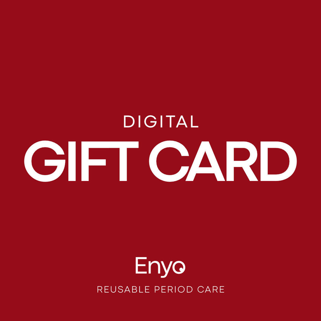 A red digital gift card graphic with white text reading 'DIGITAL GIFT CARD' and the Enyo brand name near the bottom, indicating reusable period care.