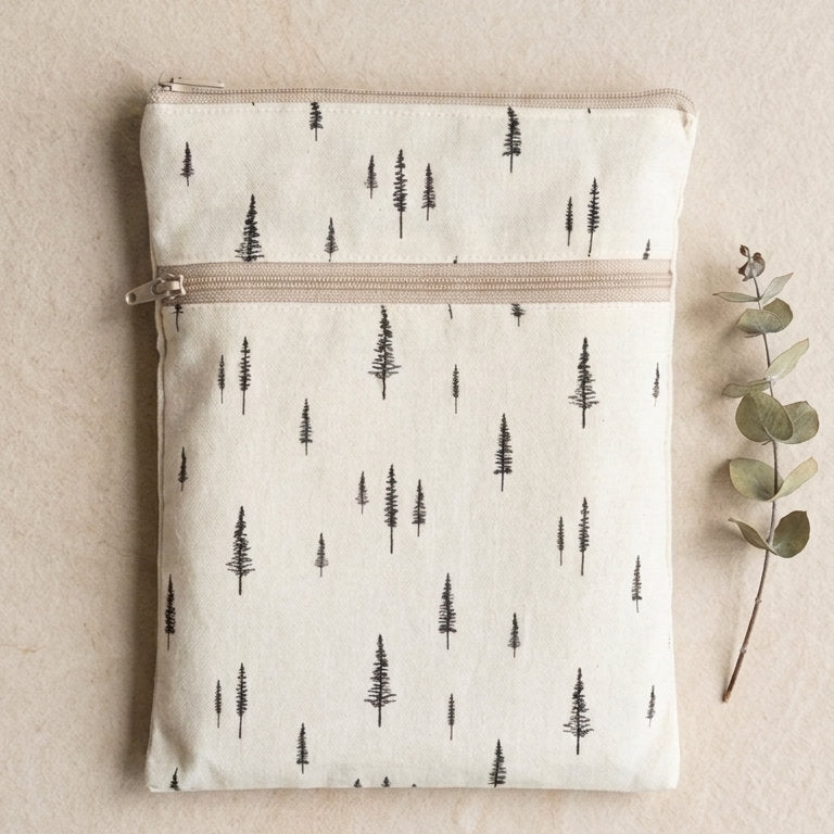 Waterproof double zipper cotton fabric pouch with tree pattern on a red background. Beige and cream. on a stone background and eucalyptus on the side.