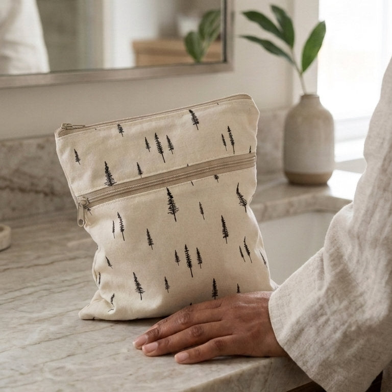 Beige pouch with tree pattern held by a person in a bathroom setting