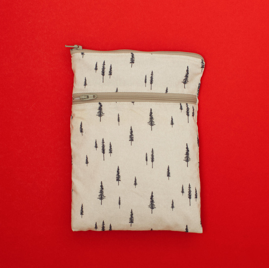 Waterproof double zipper cotton fabric pouch with tree pattern on a red background. Beige and cream. 