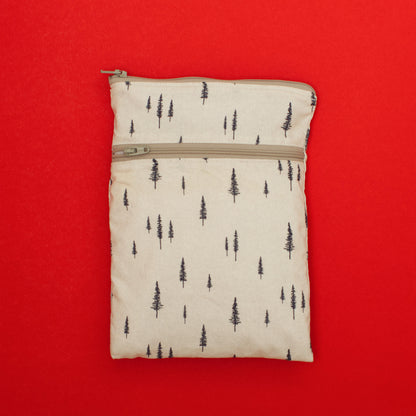 Waterproof double zipper cotton fabric pouch with tree pattern on a red background. Beige and cream. 