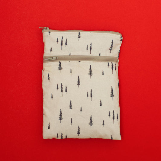 Waterproof double zipper cotton fabric pouch with tree pattern on a red background. Beige and cream. 