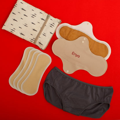 Looking for a Starter Kit with Enyo reusable period care? This set includes ultra-thin, leakproof pads, a wet bag, and comfortable underwear designed for everyday use.