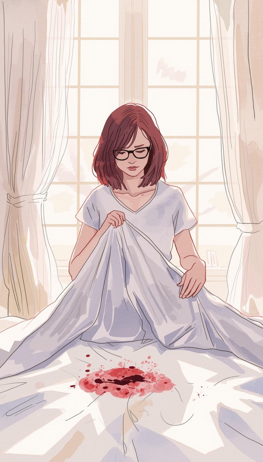 Illustration of a person sitting on a bed with a period blood stain on white bedsheet in a softly lit room.