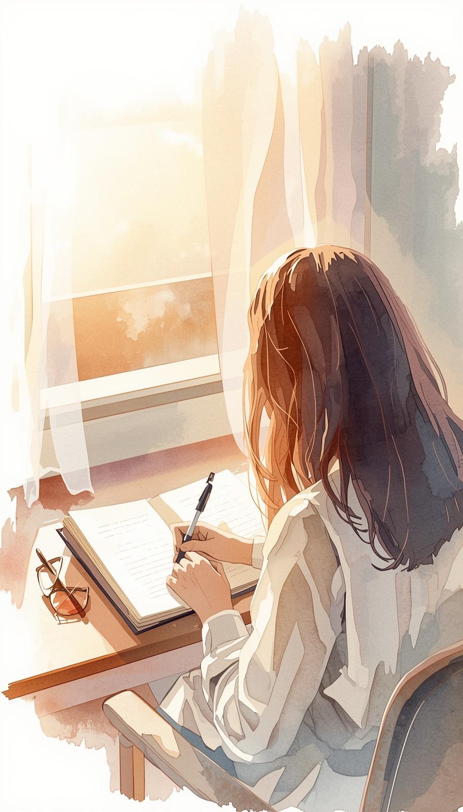 Illustration of a person sitting at a desk with a notebook and pen, surrounded by books.