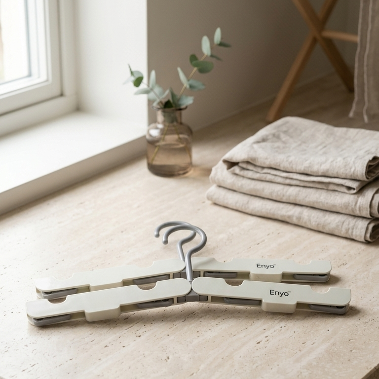 Foldable hanger on a kitchen counter with folded towels and a vase in the background